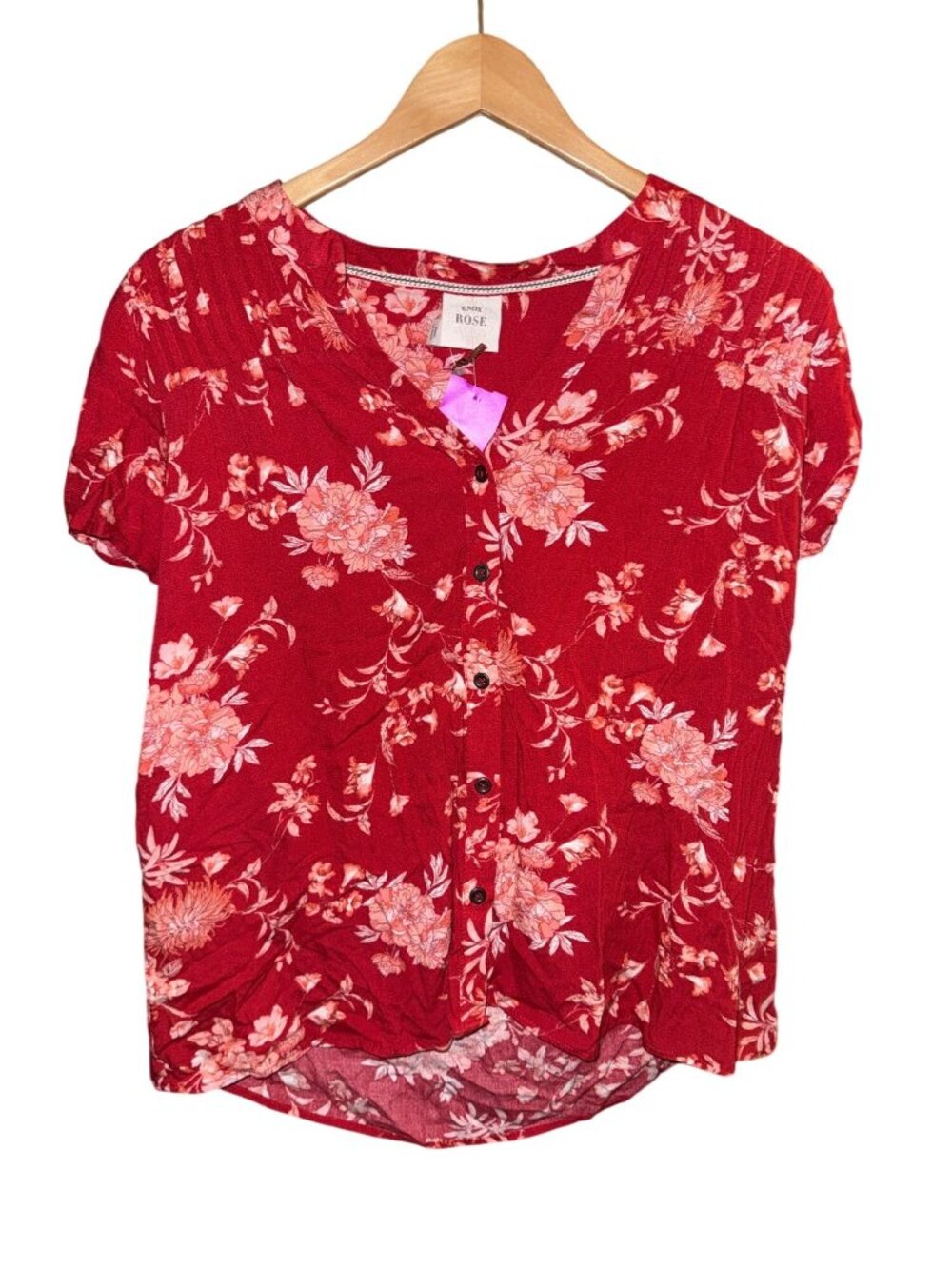 Knox Rose Red Floral Button-Down Short Sleeve Blouse Womens Size S New
